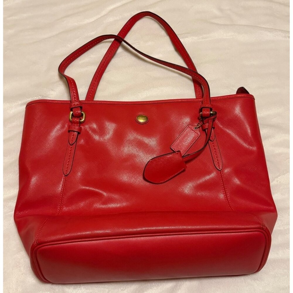 Coach Peyton Genuine Leather Zip Top Tote Bag Persimmon Red #F27349 11.5" Tall